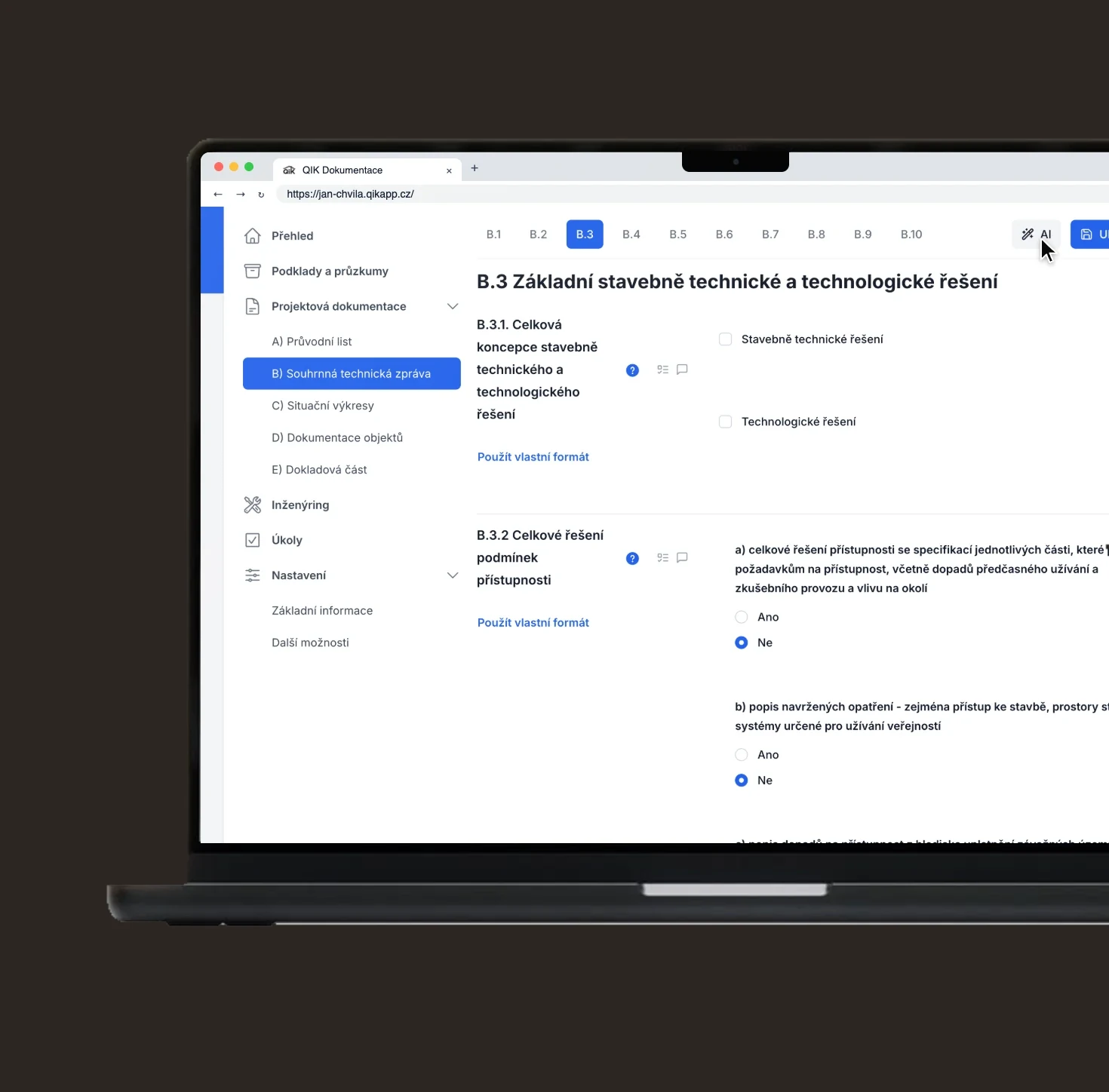 Formulář technické zprávy v aplikaci QIK Dokumentace